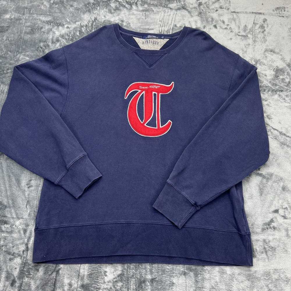 VTG Tommy Hilfiger Varsity Letter T Logo Men's XL Blue Sweatshirt‎ 90's 00's Y2K